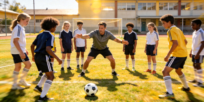 学校体育课上学生在教练指导下进行足球训练